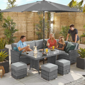 Nova - 5-8 Seater Rattan Dining Corner Sofa Set with Parasol Hole Table - Right Hand - Grey