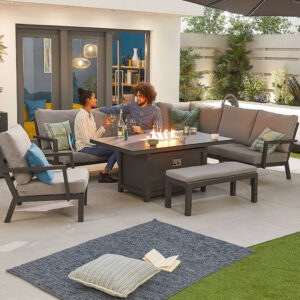 Nova - 7-9 Seater Aluminium Dining Corner Sofa Set with Firepit Table, Armchair & Bench - Grey