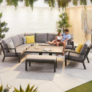 Nova - 7-9 Seater Aluminium Dining Corner Sofa Set with Rising Table, Armchair & Bench - Grey