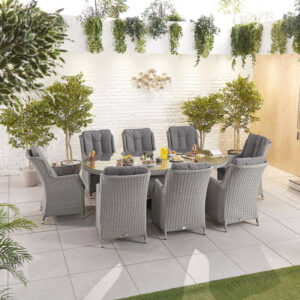 Nova - 8 Seater Oval Rattan Dining Set - White Wash