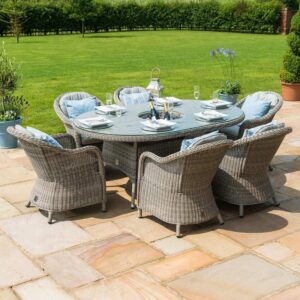 MZ Oxford 6 Seater Oval Rattan Dining Set with Heritage Chairs Ice Bucket & Lazy Susan