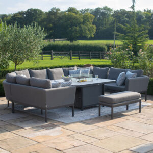 Parma 10 Seater Outdoor Fabric U Shape Corner Dining Set with Fire Pit Table - Grey