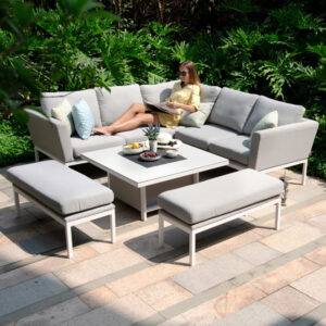 Parma 8 Seater Outdoor Fabric Square Corner Dining Set With Rising Table - Light Grey