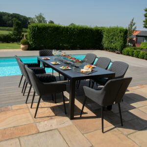 MZ Zest 8 Seater Outdoor Fabric Rectangular Dining Set with Fire Pit Table - Charcoal