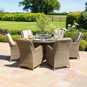 Cheltenham 6 Seater Round Rattan Dining Set with Heritage Chairs Fire Pit & Lazy Susan