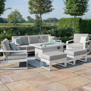 MZ Amalfi 7 Seater Aluminium Sofa Set with Rectangular Fire Pit Table - White