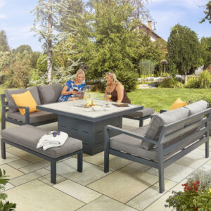 Hex Living Tutbury 6 Seater Aluminium Sofa & Bench Set With Firepit Table - Grey