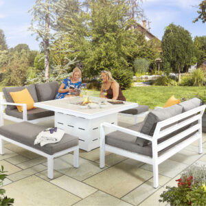 Hex Living Tutbury 6 Seater Aluminium Sofa & Bench Set With Firepit Table - White