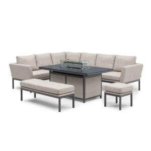 MZ Pulse 8 Seater Outdor Fabric Rectangular Corner Dining Set With Fire Pit - Grey