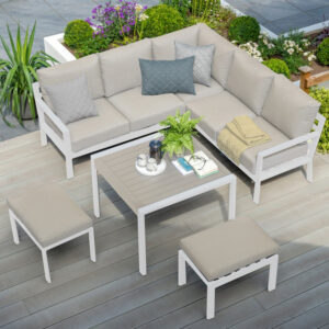 Pheasant 5-7 Seater Aluminium Mini Square Corner Lounge Set - White-Cream