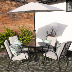 RC Amalfi 4 Seater Metal Dining Set With Parasol - Grey