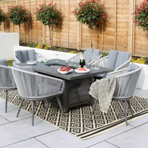 RC Aspen 6 Seater Aluminium Dining Set With Rectangular Firepit Table And Rope Weave Chairs