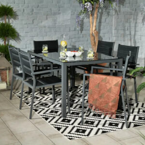 RC Sorrento 6 Seater Metal Dining Set With Parasol - Black