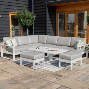 MZ Amalfi 9 Seater Aluminium Corner Dining Set with Rectangular Rising Table - White