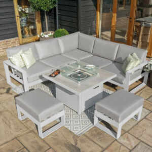 MZ Amalfi 7 Seater Aluminium Corner Group with Fire Pit Table - White