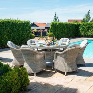 Stratford 6 Seater Round Rattan Dining Set with Heritage Chairs Fire Pit & Lazy Susan