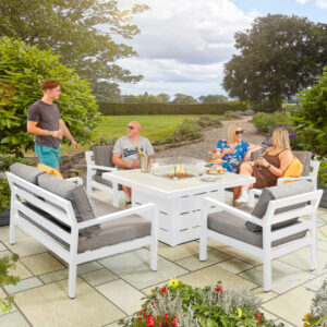 Hex Living Tutbury 6 Seater Aluminium Sofa & Chair Set With Firepit Table - White