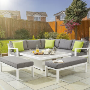 Hex Living Tutbury 8 Seater Aluminium Corner Sofa Dining Set With Adjustable Table - White