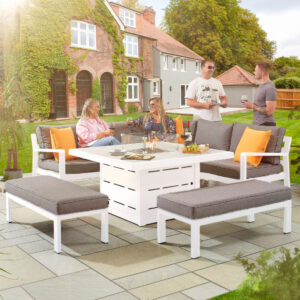 Hex Living Tutbury 8 Seater Aluminium Corner Sofa Set With Firepit Table - White
