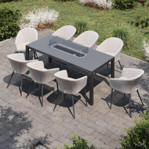 MZ Ambition 8 Seater Outdoor Fabric Rectangular Dining Set With Fire Pit - Oatmeal