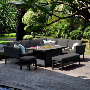 MZ Pulse 8 Seater Outdoor Fabric Left Hand Rectangular Corner Dining Set with Fire Pit Table - Charcoal Black