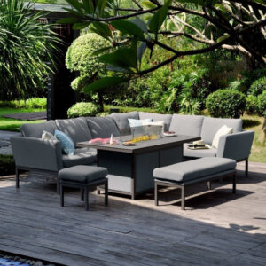 MZ Pulse 8 Seater Outdoor Fabric Left Hand Rectangular Corner Dining Set with Fire Pit Table - Grey