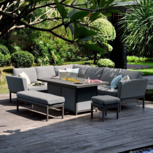 MZ Pulse 8 Seater Outdoor Fabric Rectangular Corner Dining Set With Fire Pit Table - Grey