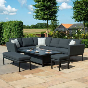 MZ Pulse 8 Seater Outdoor Fabric Rectangular Corner Dining Set With Rising Table - Charcoal Black