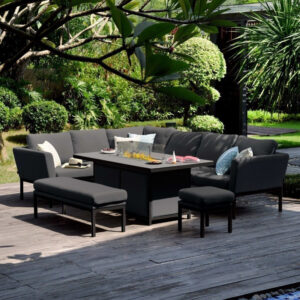 MZ Pulse 8 Seater Outdoor Fabric Rectangular Corner Dining Set With Fire Pit Table - Charcoal Black