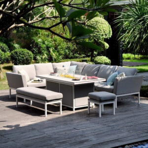 MZ Pulse 8 Seater Outdoor Fabric Rectangular Corner Dining Set With Fire Pit Table - Light Grey
