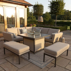 MZ Pulse 8 Seater Outdoor Fabric Square Corner Dining Set With Fire Pit Table - Oatmeal