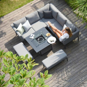 MZ Pulse 8 Seater Outdoor Fabric Square Corner Dining Set With Fire Pit Table - Grey