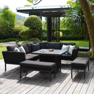 Parma 8 Seater Outdoor Fabric Square Corner Dining Set With Fire Pit Table - Charcoal Black