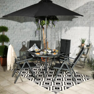 RC Rio 4 Seater Metal Dining Set With Reclining Chairs & Parasol - Black
