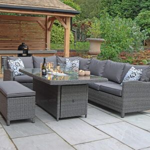 RC Paris 5-7 Seater Rattan Deluxe Modular Corner Dining Sofa Set With Rectangular Firepit Table