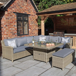 RC Wentworth 5-7 Seater Rattan Deluxe Modular Corner Dining Sofa Set With Square Firepit Table