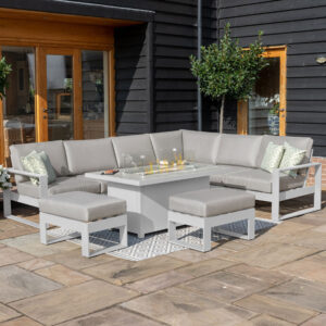 MZ Amalfi 8 Seater Aluminium Corner Group with Fire Pit Table - White