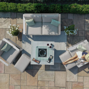 MZ Amalfi 6 Seater Aluminium Sofa Set with Square Fire Pit Table - White